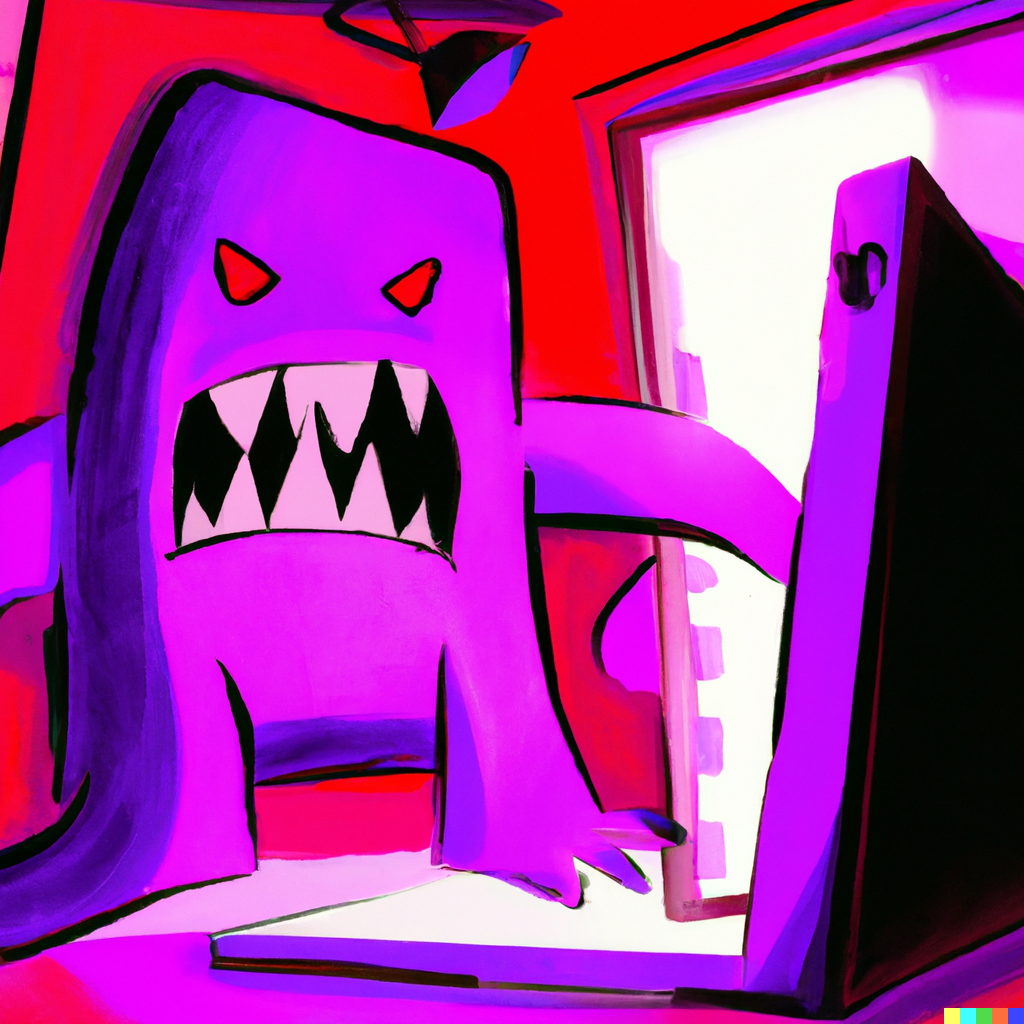A yellow computer monster in a purple and pink room
